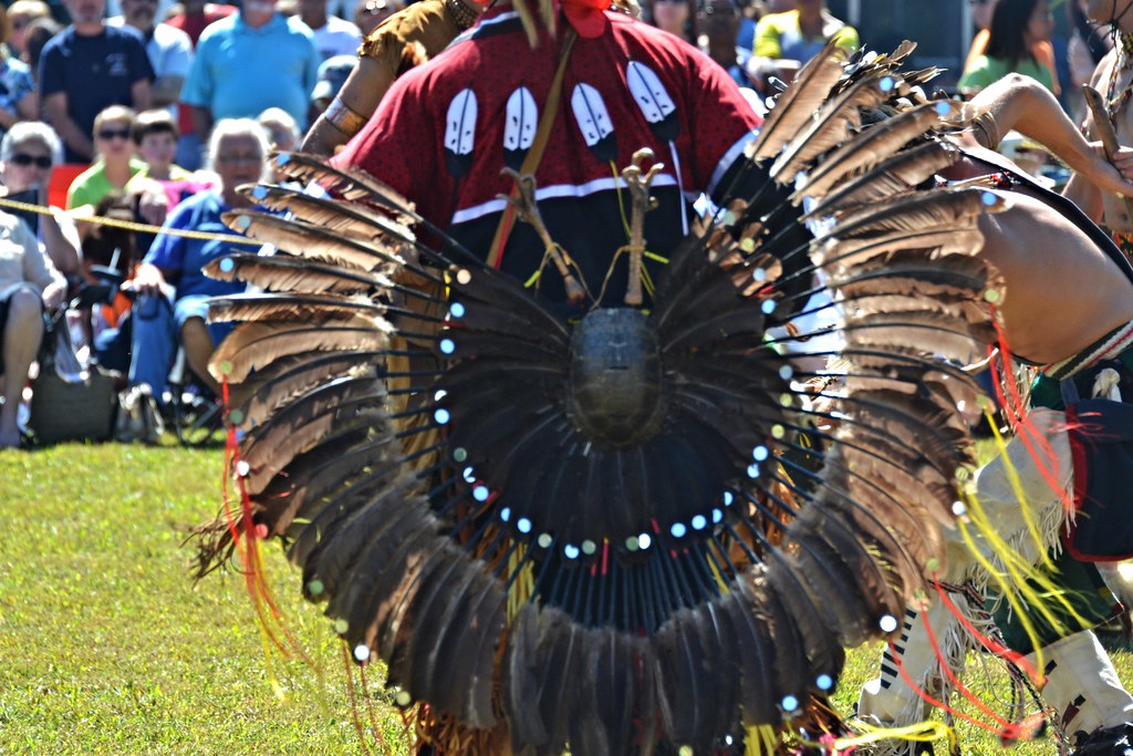 A person in elaborate traditional attire with a large feathered bustle stands outdoors.