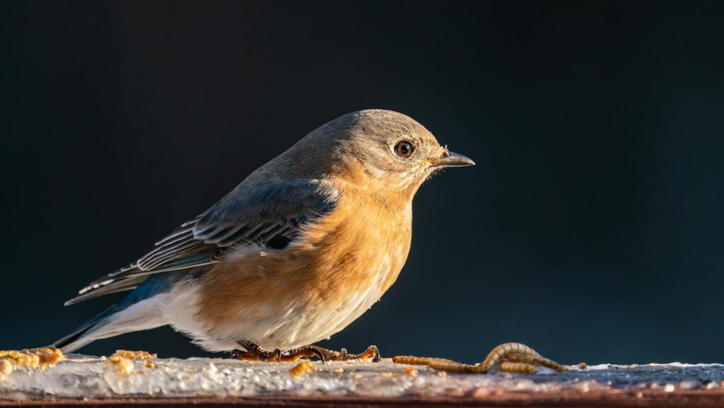 Eastern Bluebird standing on wooden surface with mealworms