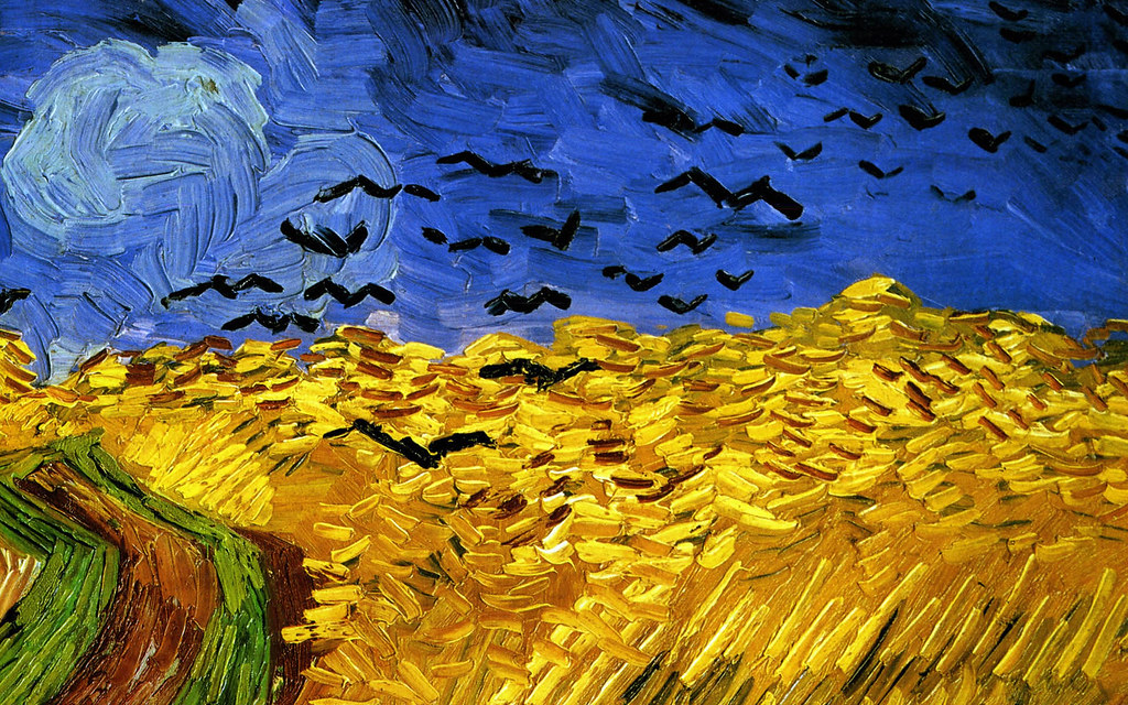 A painting shows a golden wheat field under a turbulent blue sky with numerous black birds in flight.