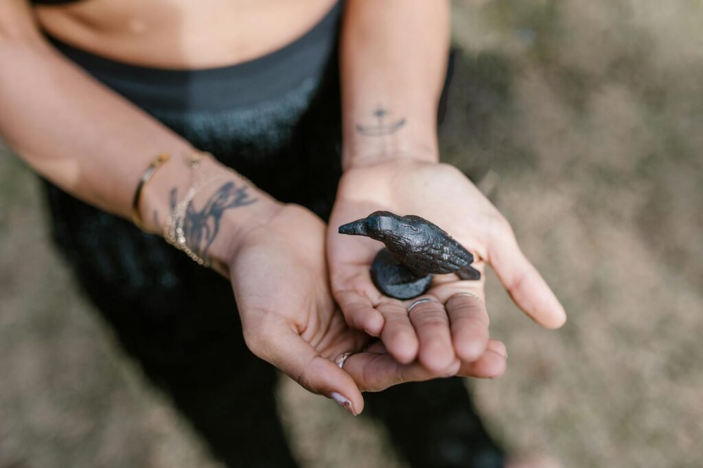 Two open hands gently hold a small, dark, bird-shaped figurine.