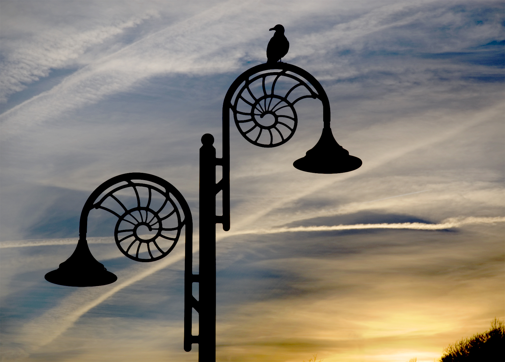 A bird perches atop a decorative, spiral-designed lamp post silhouetted against a cloudy sunset sky.