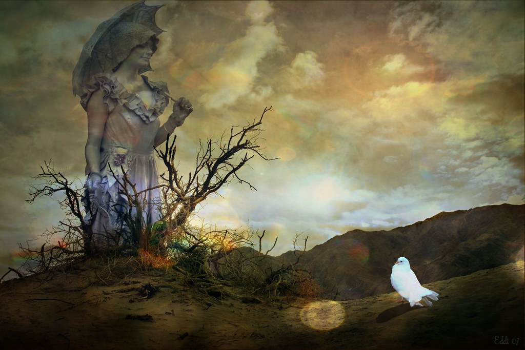 A statue of a woman with an umbrella stands near a white dove in a surreal landscape.