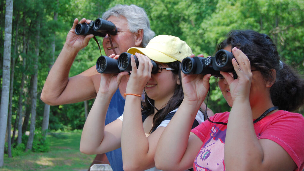 Two young girls birdwatching with their grandfather