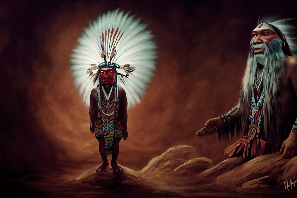 A painting shows two figures in traditional attire, one with a large feathered headdress.