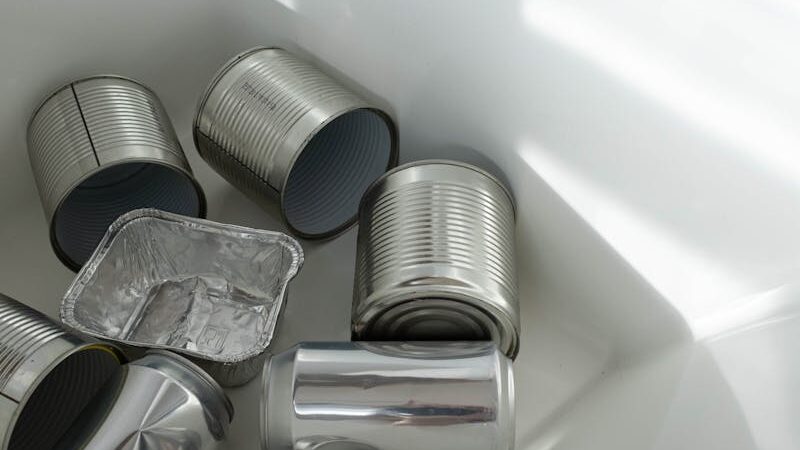 Used empty cans on white recycling bin