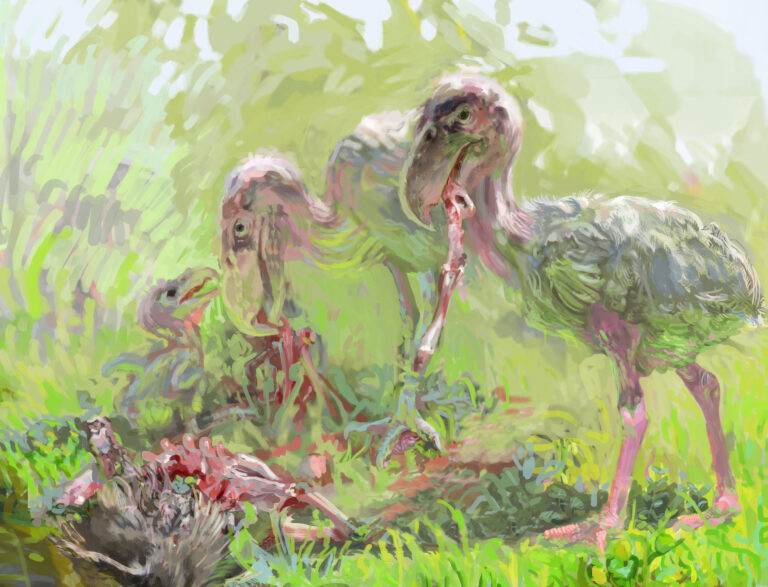 An artistic rendering depicts three Kelenken birds, with one holding a bone, in a lush, green environment.