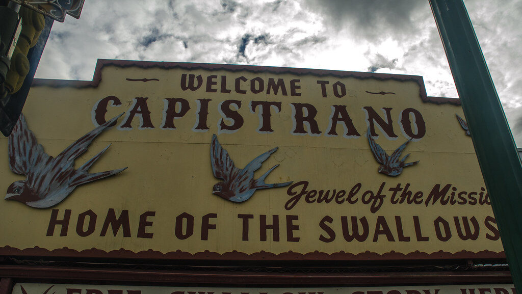 Welcome sign for Capistrano, known as Home of the Swallows