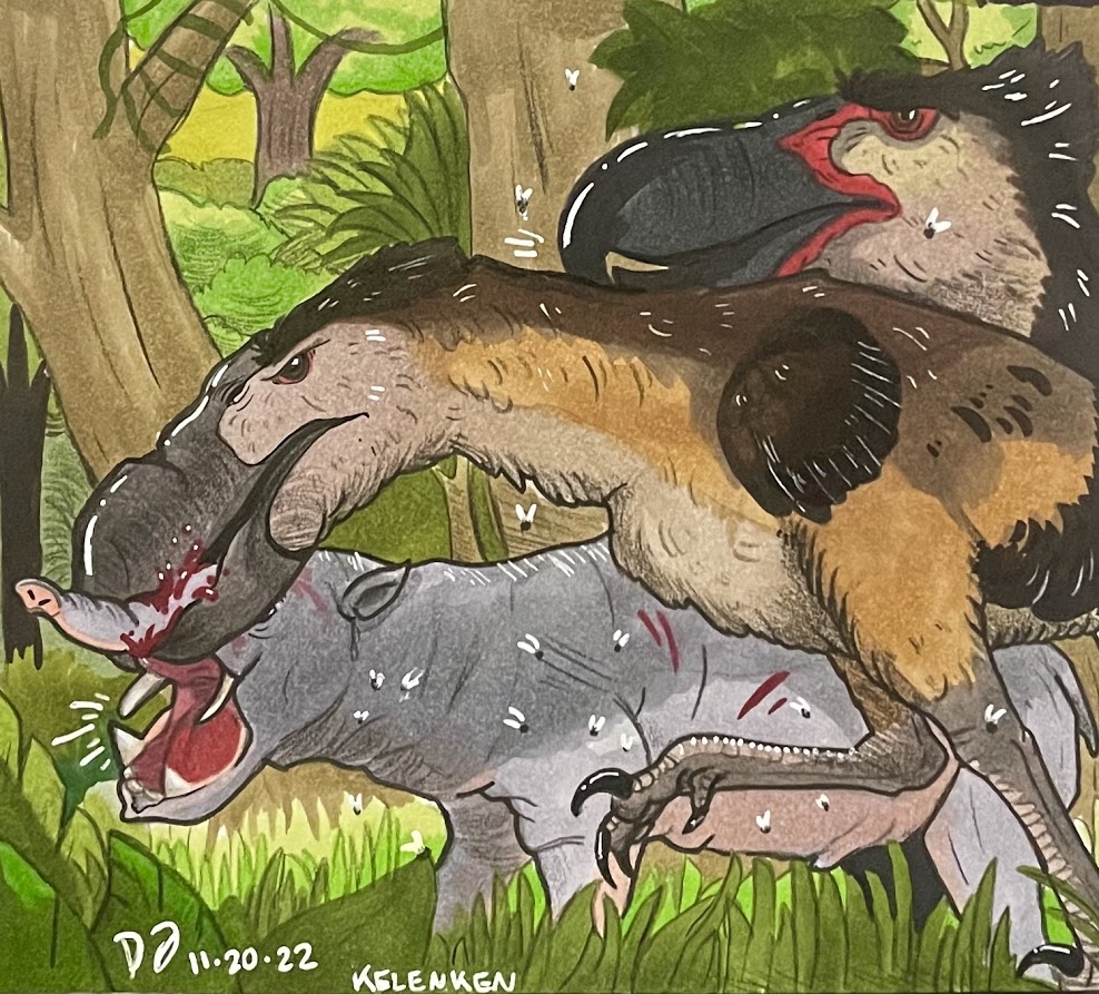 An illustration depicts a large, bird-like Kelenken with a prominent beak attacking a rhinoceros.