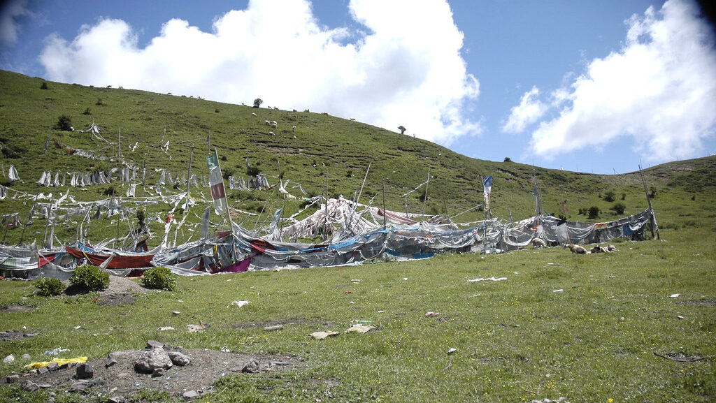 Sky burial location with prayer flags