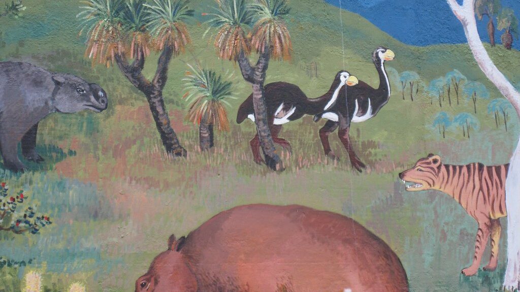 Art depicting Bullockornis planei with coexisting fauna