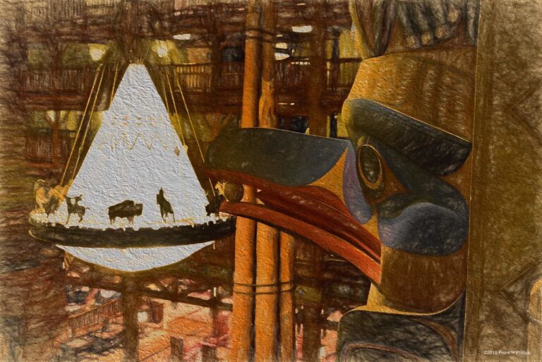 An artistic rendering shows a large bird-like carving next to a white structure.
