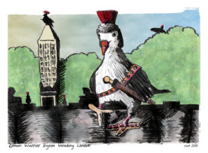 A stylized pigeon dressed as a Roman warrior stands on a wall.
