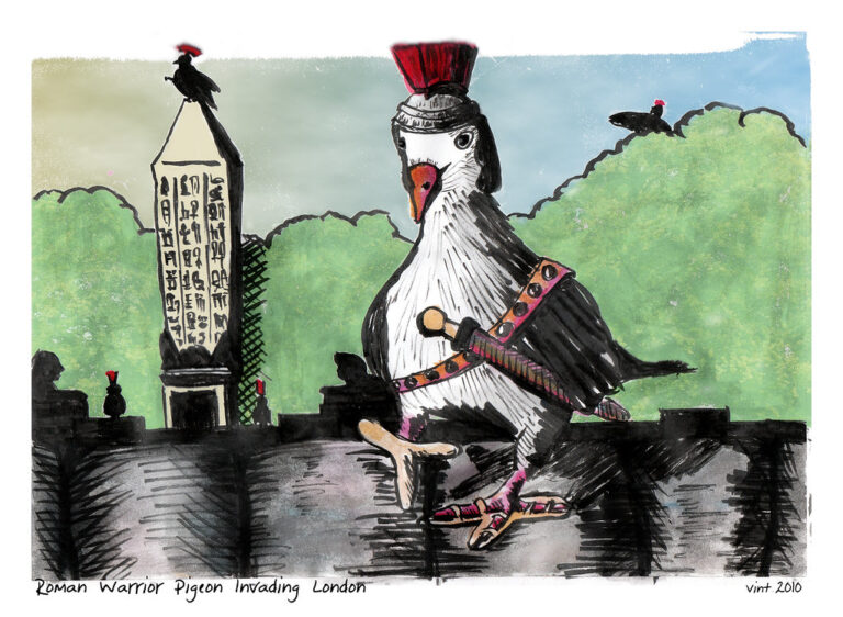 A stylized pigeon dressed as a Roman warrior stands on a wall.