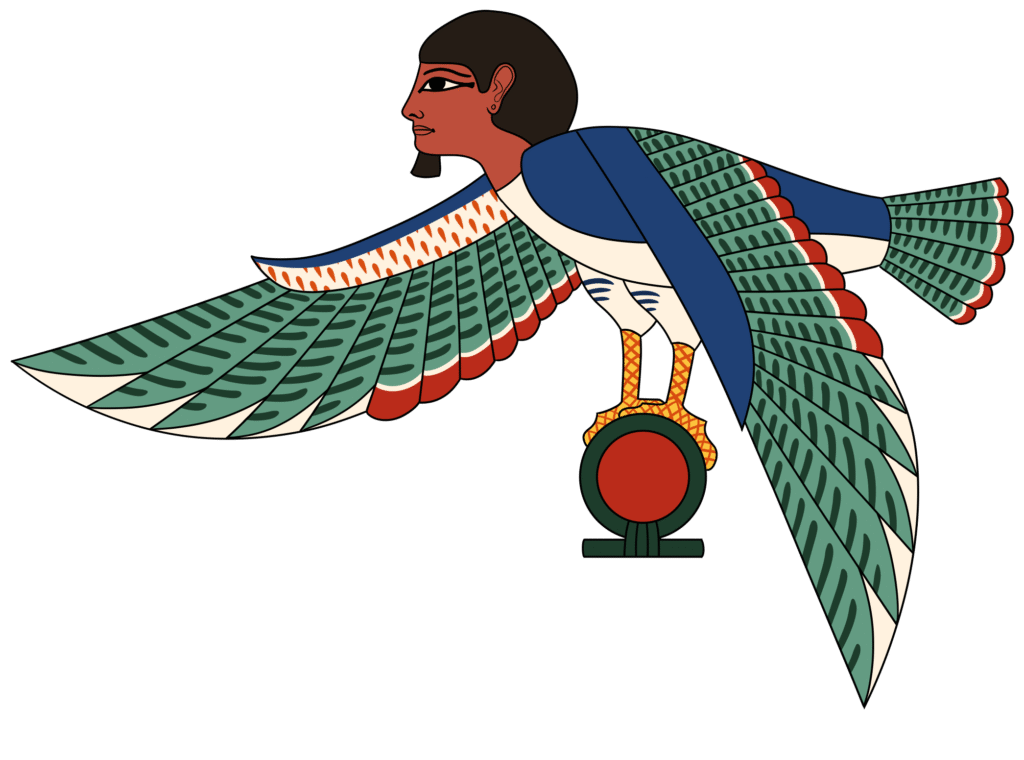 An Egyptian "Ba" bird with a human head and colorful wings.