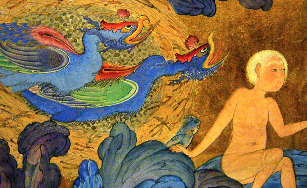 Two mythical blue and red Simurgh birds are depicted in a detailed, vibrant painting.