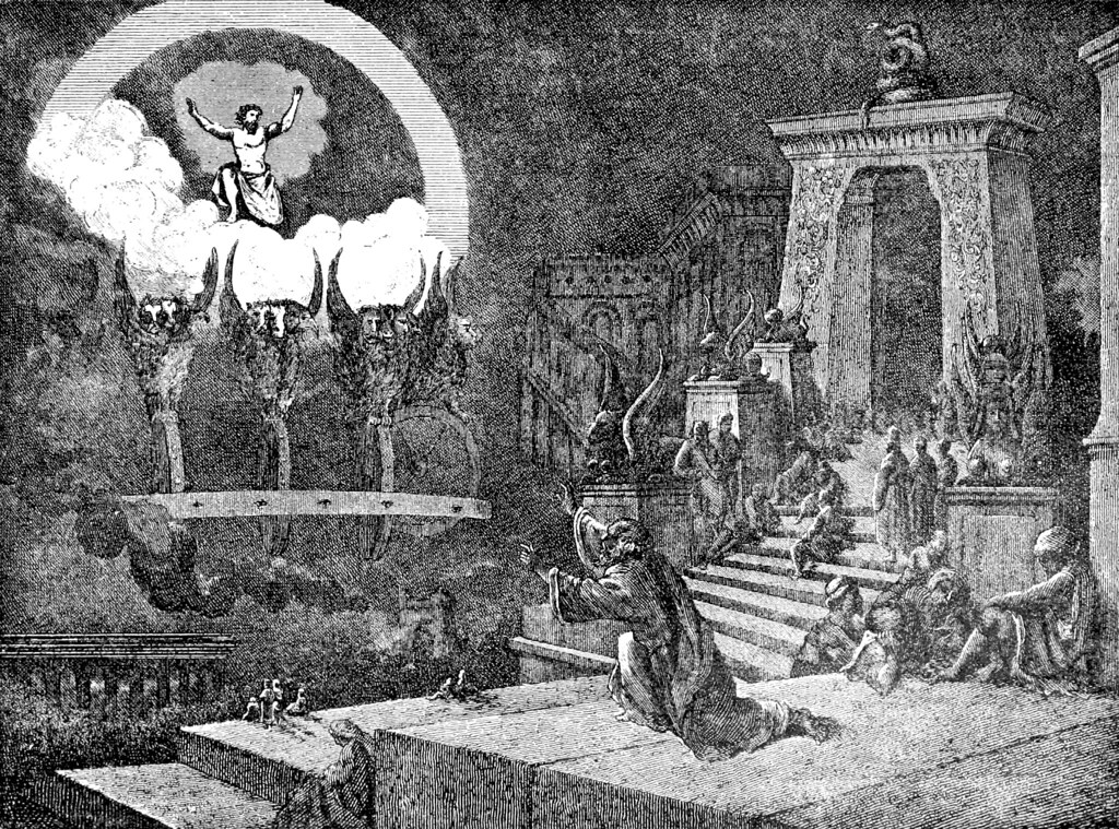 An illustration shows a man kneeling before a divine figure in the sky, surrounded by ornate structures.