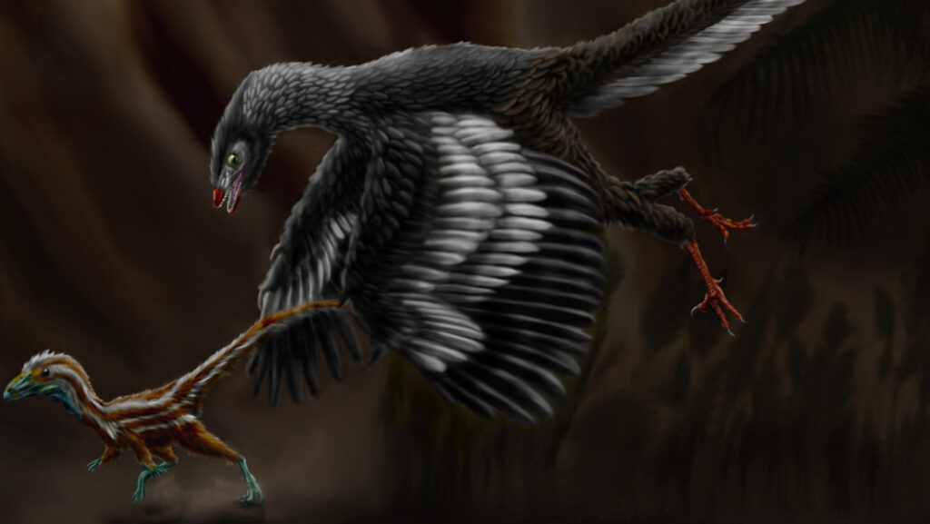 Artistic restoration of Archaeopteryx lithographica chasing Compsognathus longipes in a prehistoric scene.