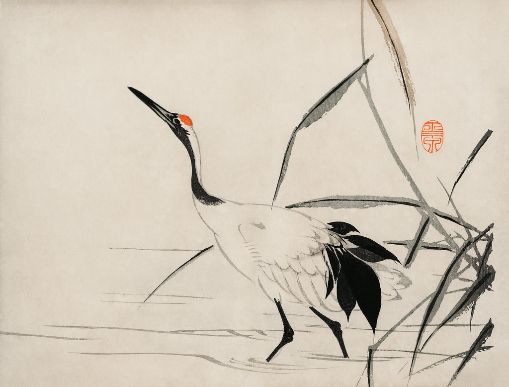 A graceful Red-crowned Crane is depicted in a traditional Asian painting, wading in water.
