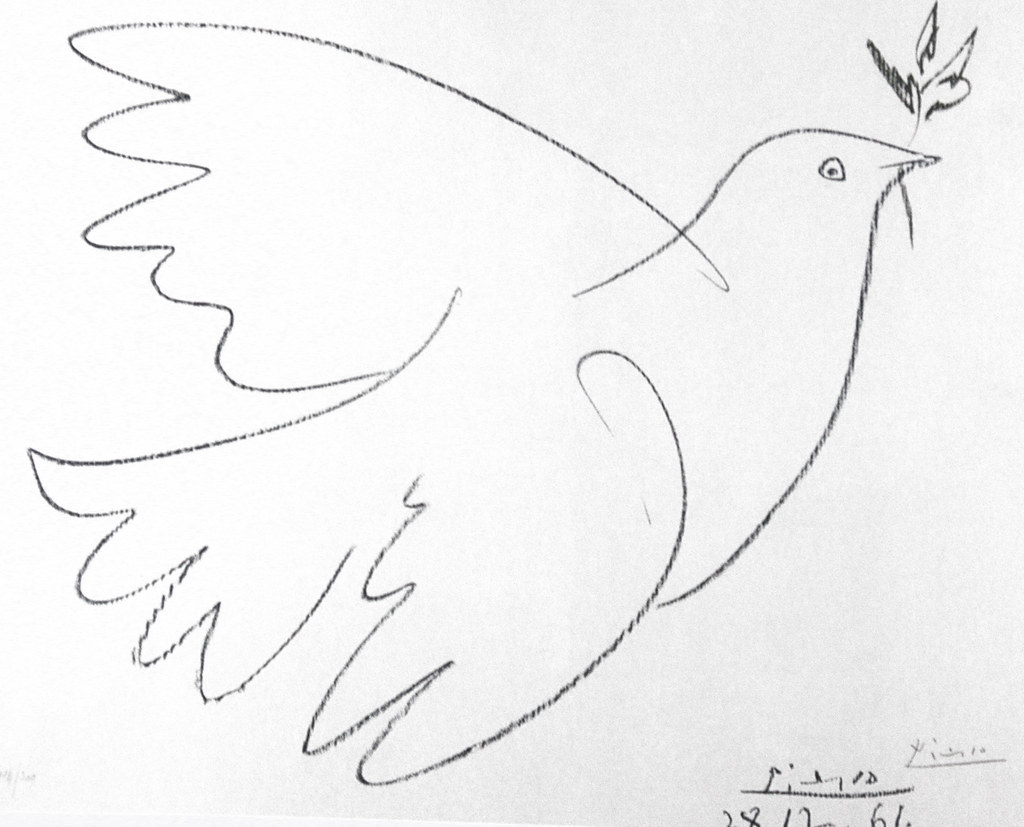 A minimalist line drawing by Picasso depicts a dove carrying an olive branch.