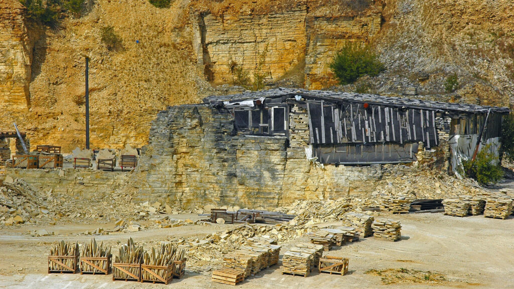 View of Solnhofen Plattenkalk rock, a key fossil site in Bavaria, Germany