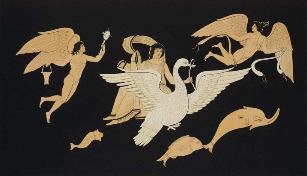 An ancient-style drawing depicts a swan with large wings, surrounded by figures and fish.
