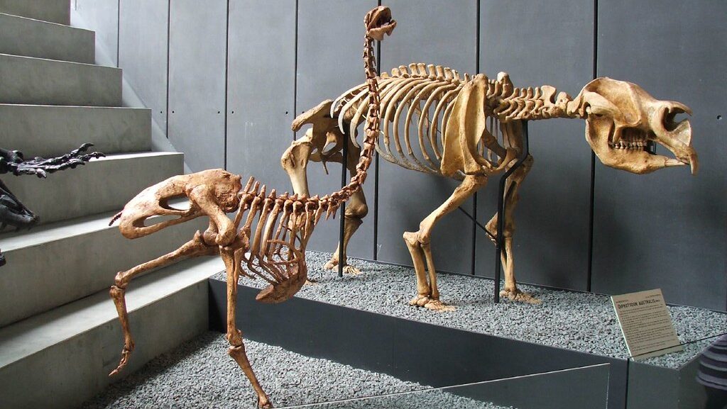 Museum display with Genyornis newtoni in the foreground and Diprotodon optatum in the background