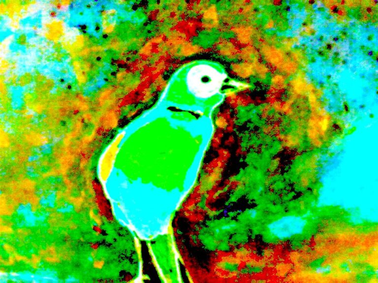 An abstract, brightly colored painting features a green bird with prominent white eyes.