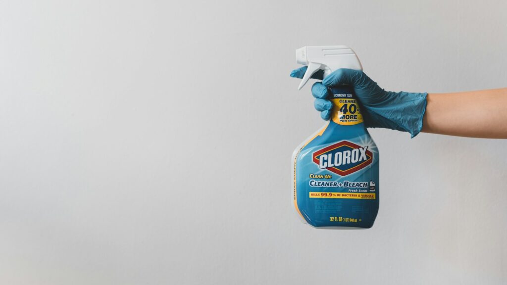 Spray bottle filled with household bleach