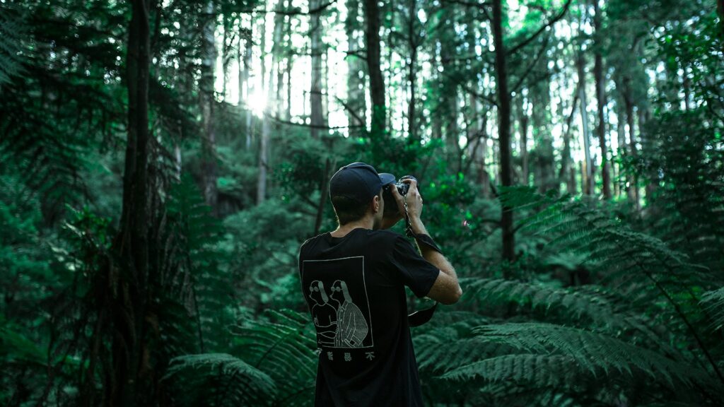 Man taking photos in the forest