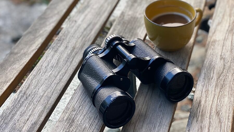 Morning coffee and binoculars on a wooden chair