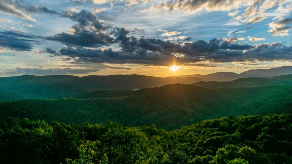 Sunset sky illuminating rolling peaks of the Appalachian Mountains