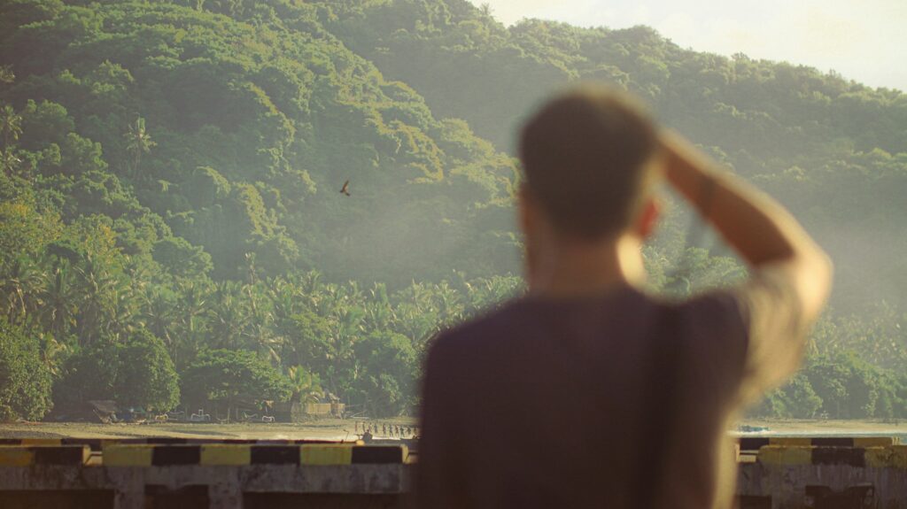 Man standing before hillside, watching bird in open sky