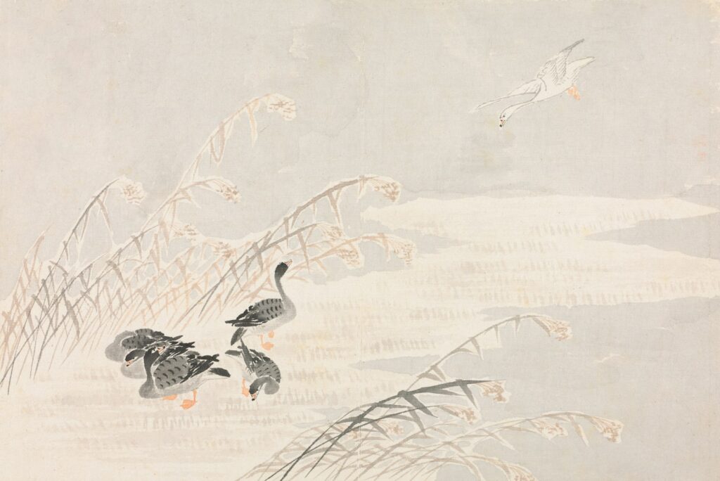 A subtle ink painting shows a bird flying above reeds and another bird wading.