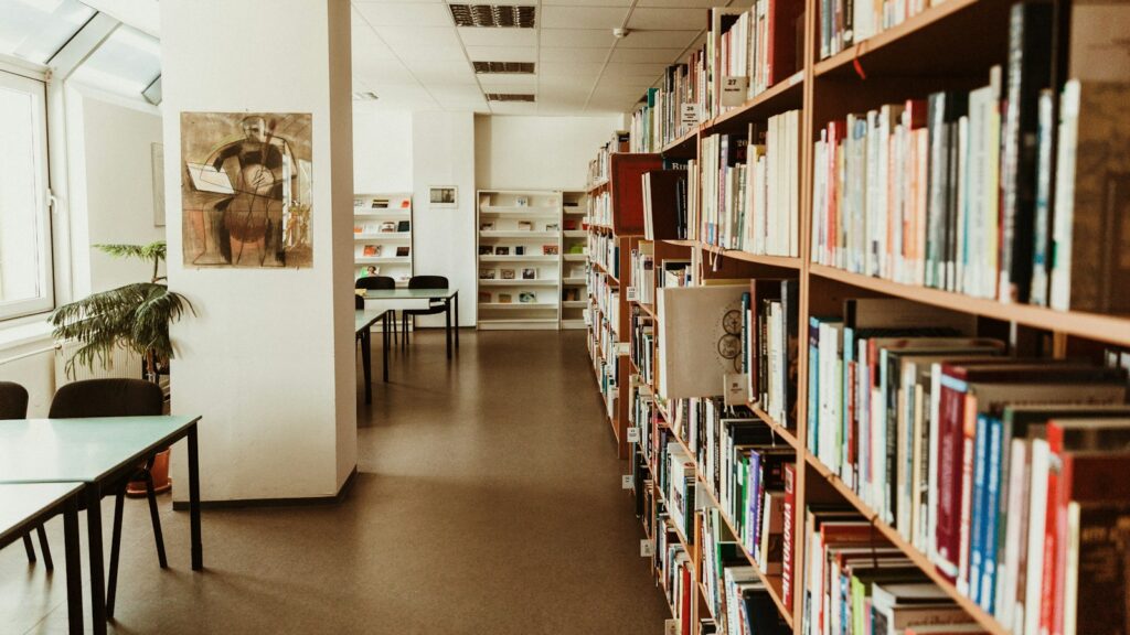 Library interior with organized bookshelves