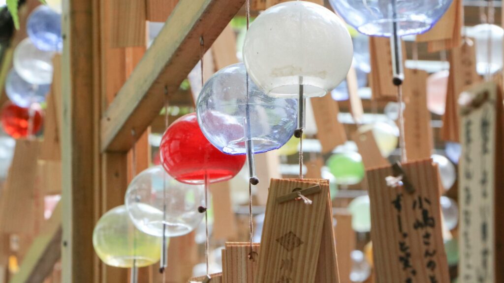 Vibrant glass wind chimes displayed at Kawagoe Shrine